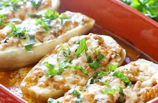 Baked Eggplant Parmesan Boats with Sausage